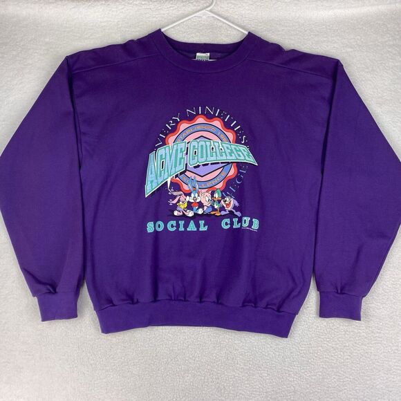 Vintage Tiny Toons Sweatshirt Mens XL Purple Warner Bros Acme College 90s Freeze - Picture 1 of 16